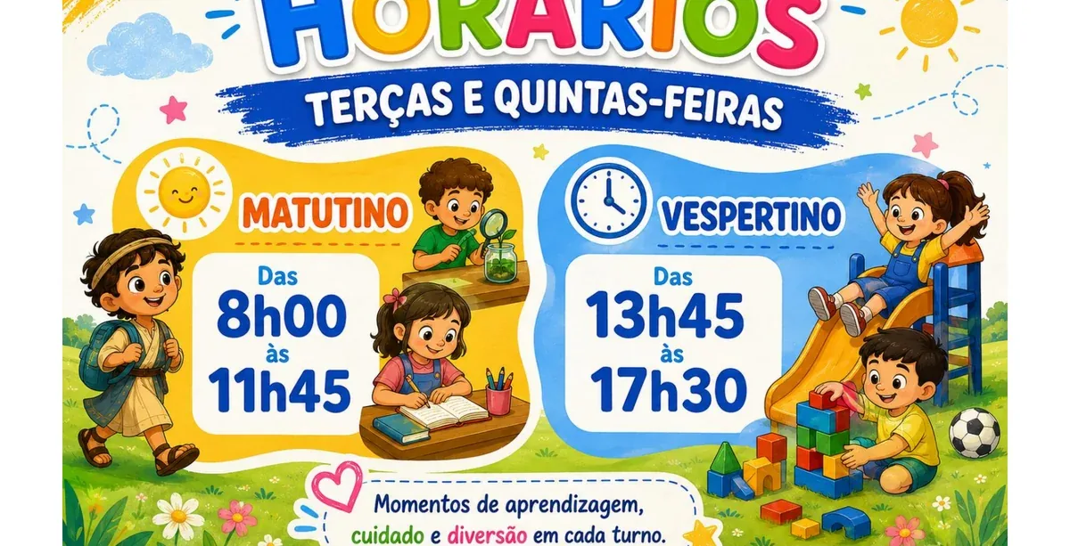 Material ilustrado de horários do CREIA Kids